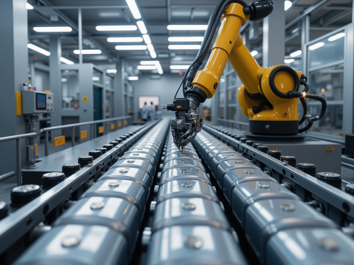 现代化自动化生产线，全自动老化设备运行状态，工人操作控制面板，高科技制造环境