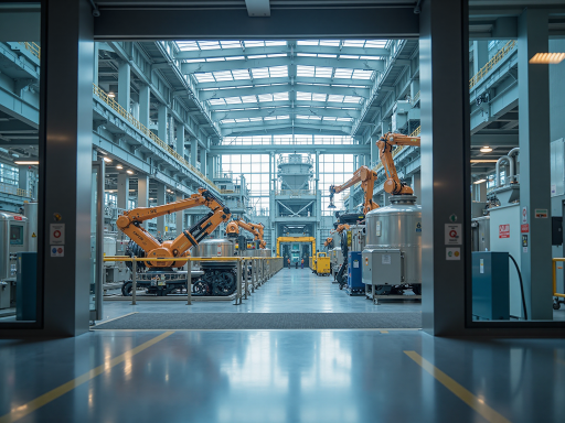 现代化工厂内部场景，工人操作先进自动化设备，明亮整洁的生产车间，体现高科技制造环境