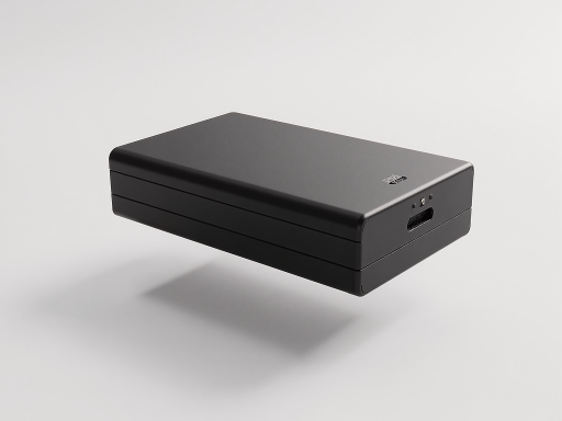 黑色台式开关电源产品正面视图，金属外壳设计，多个输出接口，专业电子设备外观