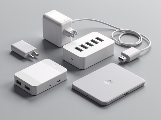 白色桌面适配器式开关电源，小巧便携设计，USB充电接口，现代简约外观