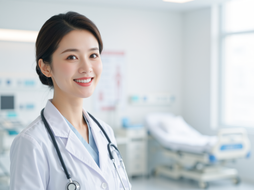 治愈师樱全身像,穿着粉色护士服,手持治疗器,粉色短发,温柔笑容,背景为医疗室,温暖灯光