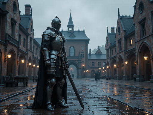 骑士温蒂全身像,身穿银色铠甲,手持长剑,金发碧眼,英姿飒爽,背景为城堡庭院,阳光明媚