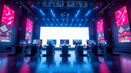 电竞比赛现场照片,选手在舞台比赛,观众席座无虚席,大屏幕显示游戏画面,专业氛围